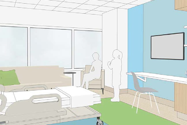 Rendering of a 10th floor pediatric cancer patient room