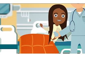 Image still from colonoscopy video featuring smiling child on hospital bed.
