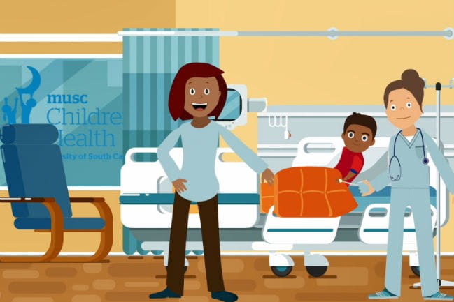 Image still from upper endoscopy video depicting smiling boy on a bed with smiling caregiver and doctor.