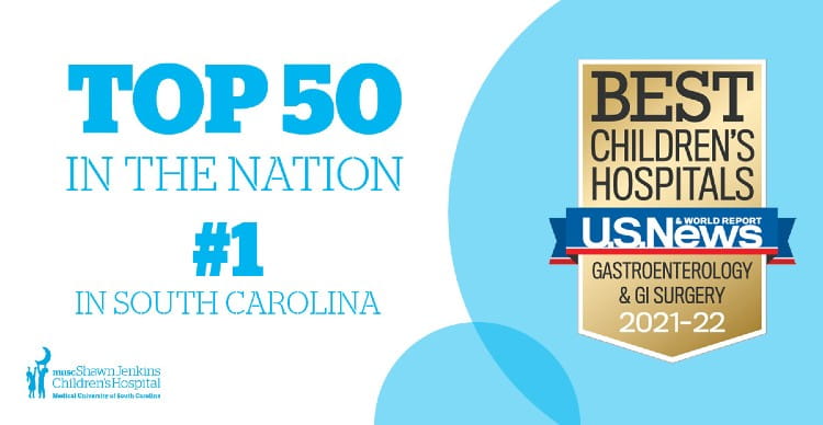 MUSC Shawn Jenkins Childrens Hospital ranked #1 in the U.S. World Report for Gastroenterology & GI Surgery (2021-2022)