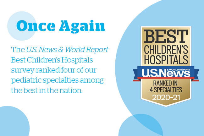 Once Again the U.S. News & World Report Best Children's Hospitals survey ranked four of our pediatric specialties among the best in the nation. Top 50 in the Nation #1 in South Carolina. Best Children's Hospitals U.S. News & World Report Ranked in 4 Specialties 2020-2021 