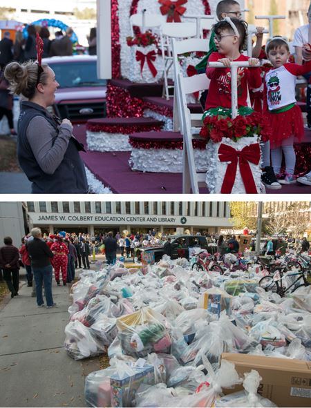 Kids wave to the crowd from a float over another picture of a pile of presents on the ground