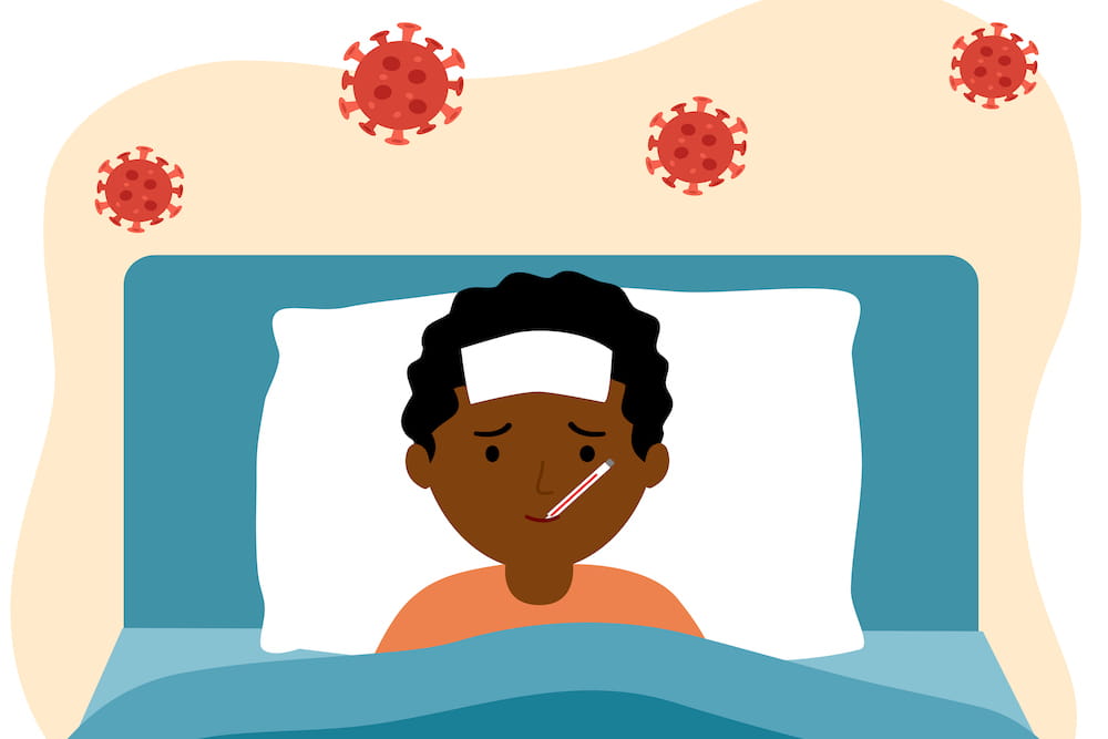 Illustration of black child in bed with COVID-19 viral particles overhead.
