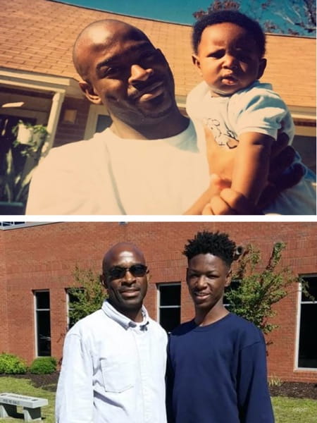 stack of two photos, at top smalls and son when he was young and below smalls and son when he's a teenager