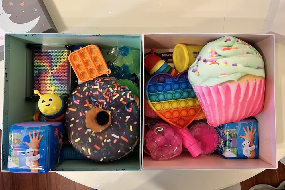 A top-down view of two calm boxes, filled with squeeze toys, stuffed animals, bendy toys, pop-its and more