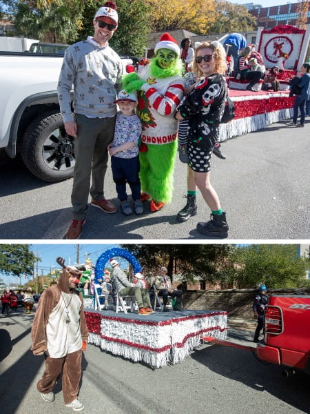 Horizontal stack of two photos. On top the grand marshal and his family pose for a pic with the Grinch. Below, a man in a reindeer costumes walks alongside a float