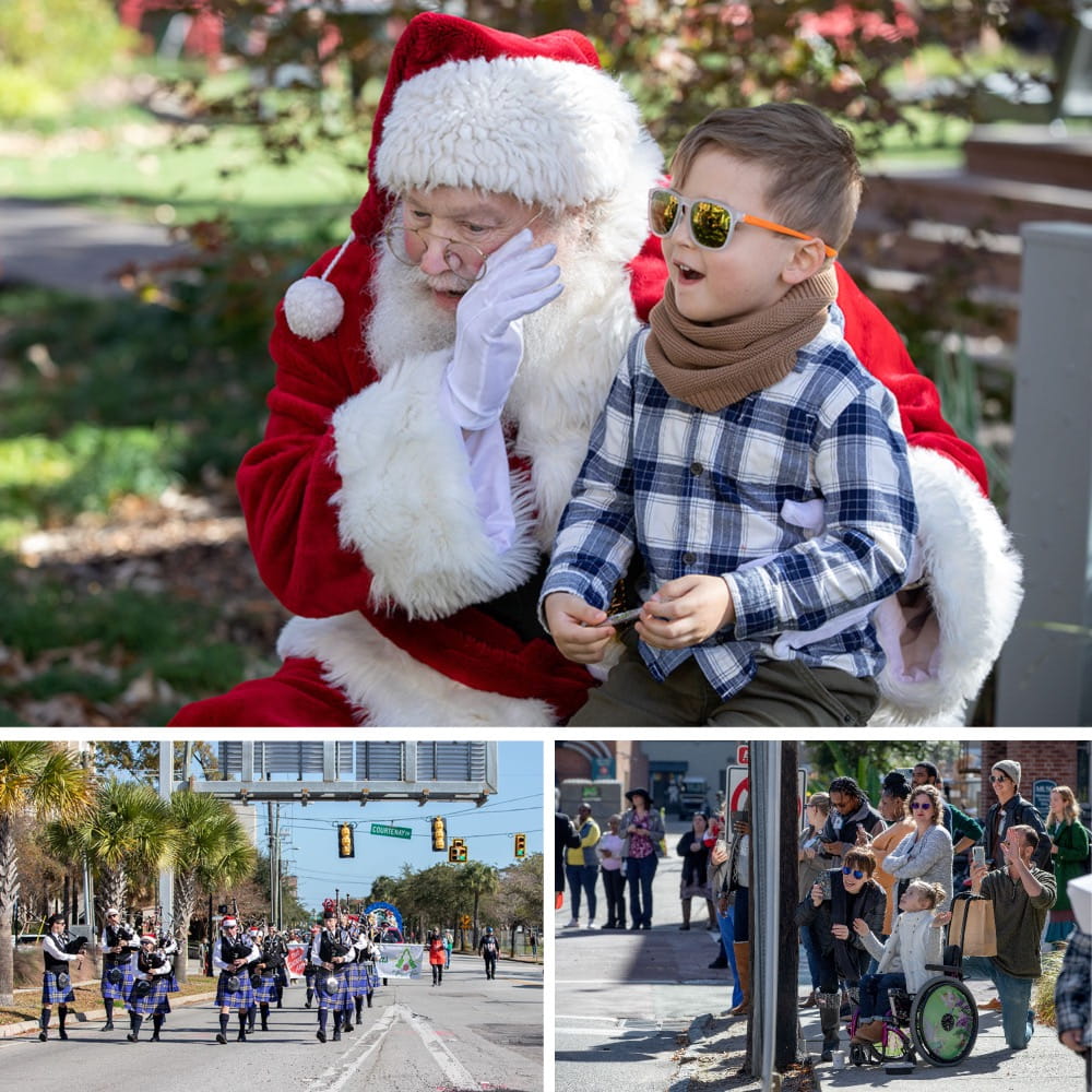 Series of three photos. One of Santa with a young man wearing sunglasses while sitting on his lap. Another is of the bagpipe marching band and the last is of the crowd watching the parade go by