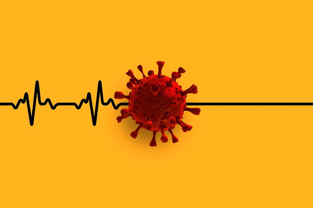 Red coronavirus particle on a yellow background. The virus is on a black line that goes up and down and then flat to show that life has ended.