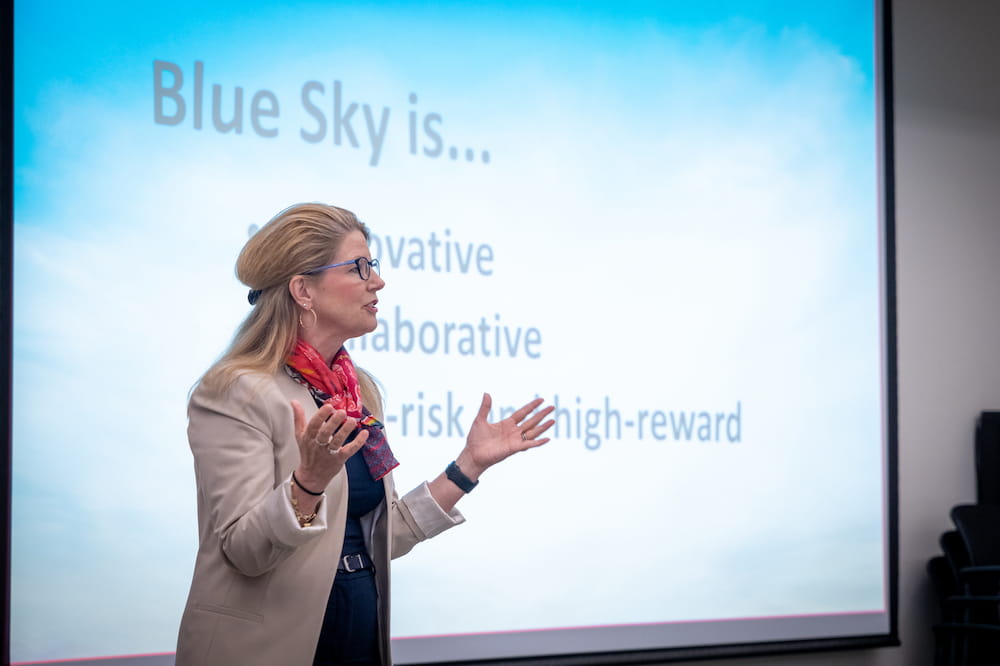 Vice President of Research Dr. Lori McMahon at the 2023 Blue Sky Awards presentation.