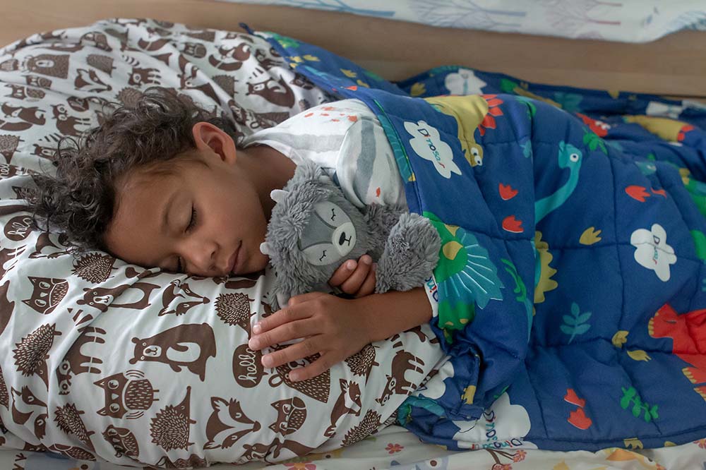 Child lies on pillow decorated with animals while sleeping. He is holding a stuffed animal.