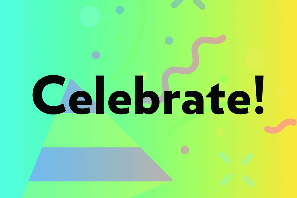 The word "Celebrate" on a blue, green, pink and yellow background.