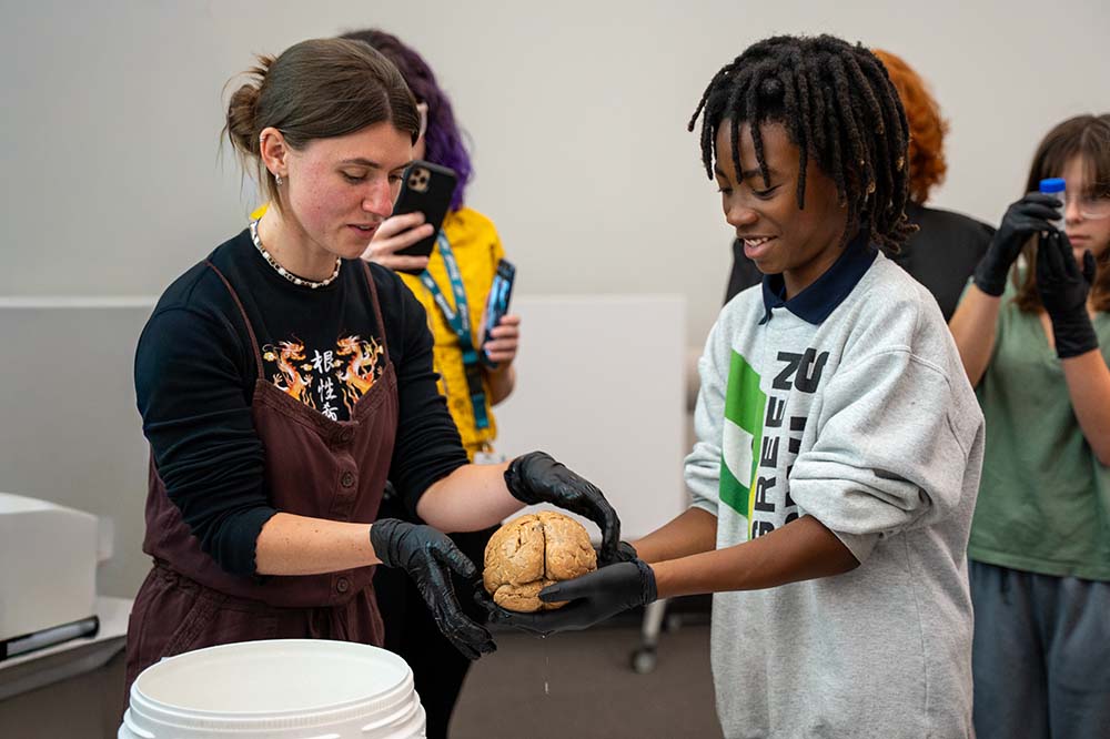 A woman wearing a blue sweater and black gloves passes a beige colored brain to a student who is smiling and also wearing gloves.